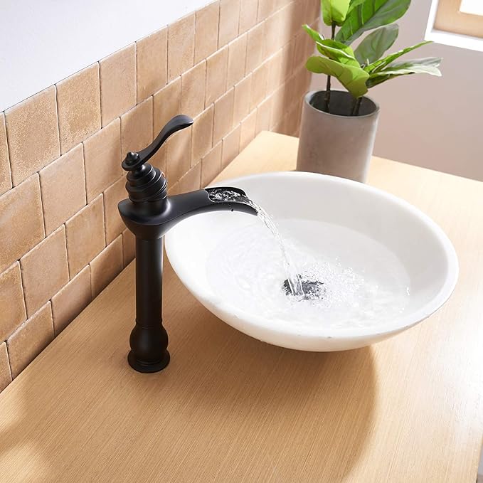 BWE Matte Black Vessel Sink Faucet Waterfall Single Hole Handle with Pop Up Drain Stopper Assembly and Supply Hose Bathroom Faucet Vanity Lavatory Mixer Tap Tall Body
