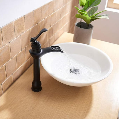 BWE Matte Black Vessel Sink Faucet Waterfall Single Hole Handle with Pop Up Drain Stopper Assembly and Supply Hose Bathroom Faucet Vanity Lavatory Mixer Tap Tall Body