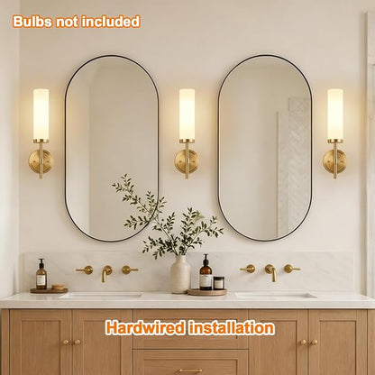[Hardwired] Wall Sconces Set of Two, Brushed Gold Bathroom Sconces with Milky White Glass, Modern Wall Light Fixtures for Bathroom Mirror Vanity, Living Room, Hallway, Stairway, Cabinet, Foyer