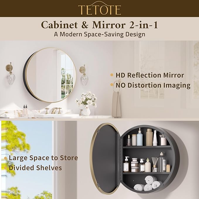 TETOTE Gold Round Bathroom Medicine Cabinet with Mirror 24 x 24 Metal Framed Medicine Cabinet with Storage Adjustable Shelves Farmhouse Wall Mirror with Storage Surface Mounted