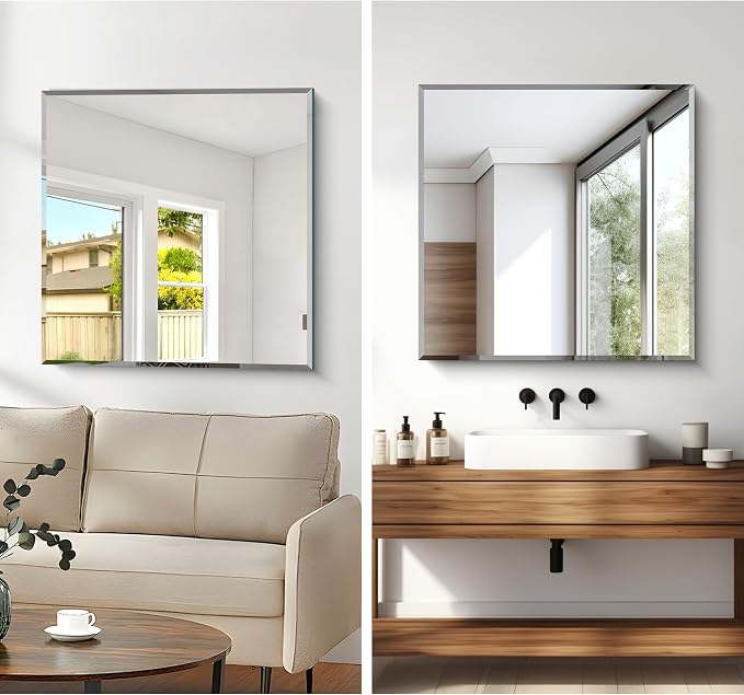 CILIBER Beveled Mirror, 30x30 Square Bathroom Mirrors for Wall, 3mm Tempered Glass Frameless Vanity Mirror Over Sink with Beveled Edge for Bathroom,Bedroom,Living Room and Entryway