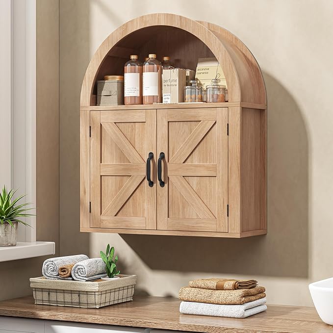 Arched Bathroom Wall Cabinet, Farmhouse Medicine Cabinet with Barn Door and with Adjustable Shelf, 23.6 x 28.7'' Wooden Storage Cabinet Wall Mounted for Bathroom Laundry Room Kitchen, Natural