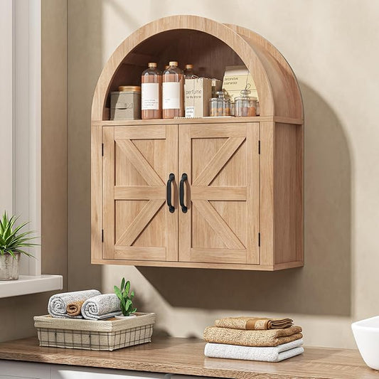 Arched Bathroom Wall Cabinet, Farmhouse Medicine Cabinet with Barn Door and with Adjustable Shelf, 23.6 x 28.7'' Wooden Storage Cabinet Wall Mounted for Bathroom Laundry Room Kitchen, Natural