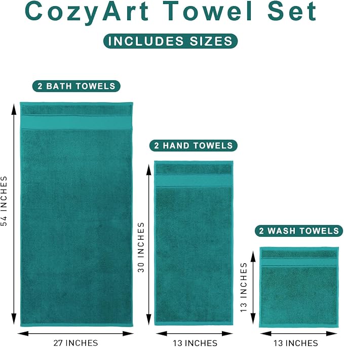 COZYART Bath Towel Set 6 PCS, Turquoise 100% Turkish Cotton 650GSM Soft | Absorbent Quick Dry, OEKO‑Tex 100 Cert. Zero Twist Ring Spun Cotton, Plush Fluffy, Breathable Hotel Quality Bathroom Towels