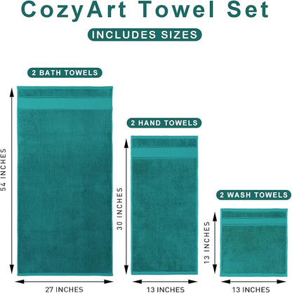 COZYART Bath Towel Set 6 PCS, Turquoise 100% Turkish Cotton 650GSM Soft | Absorbent Quick Dry, OEKO‑Tex 100 Cert. Zero Twist Ring Spun Cotton, Plush Fluffy, Breathable Hotel Quality Bathroom Towels