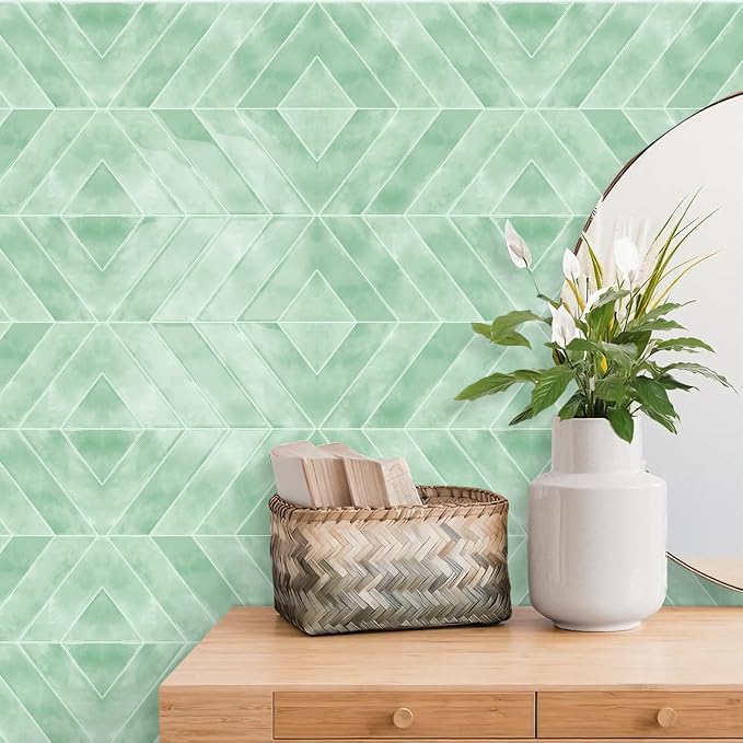 MORCART 10PCS 11.8"x11.8" Herringbone Peel and Stick Backsplash | Light Green, 3D Adhesive Waterproof Wall Tiles for Kitchen, Bathroom, Living Room, Laundry Room, Subway Tiles