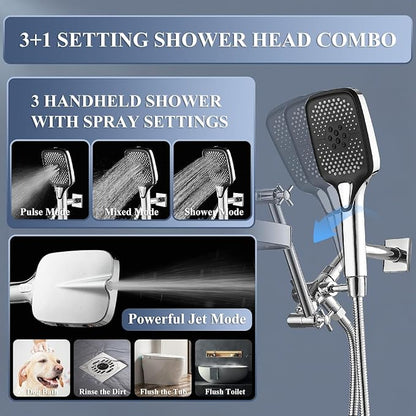 14 Inch Rain Shower Head with Handheld Spray Combo and Extention Arm, Rainfall Waterfall High Pressure Large Shower Heads, Dual Showerhead with 3-Way Diverter - Height/Angle Adjustable(Chrome)