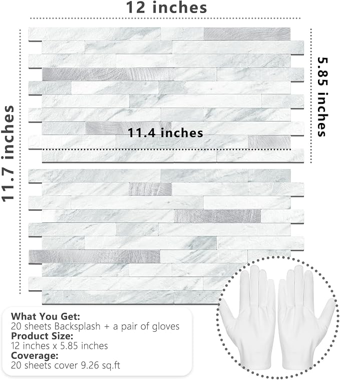 STICKGOO Peel and Stick Backsplash Tile, Volakas White with Silver Metal | 20 Sheets, self-adhesive PVC mixed metal backsplash tiles for kitchen and bathroom. Waterproof & easy to clean.