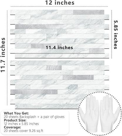 STICKGOO Peel and Stick Backsplash Tile, Volakas White with Silver Metal | 20 Sheets, self-adhesive PVC mixed metal backsplash tiles for kitchen and bathroom. Waterproof & easy to clean.