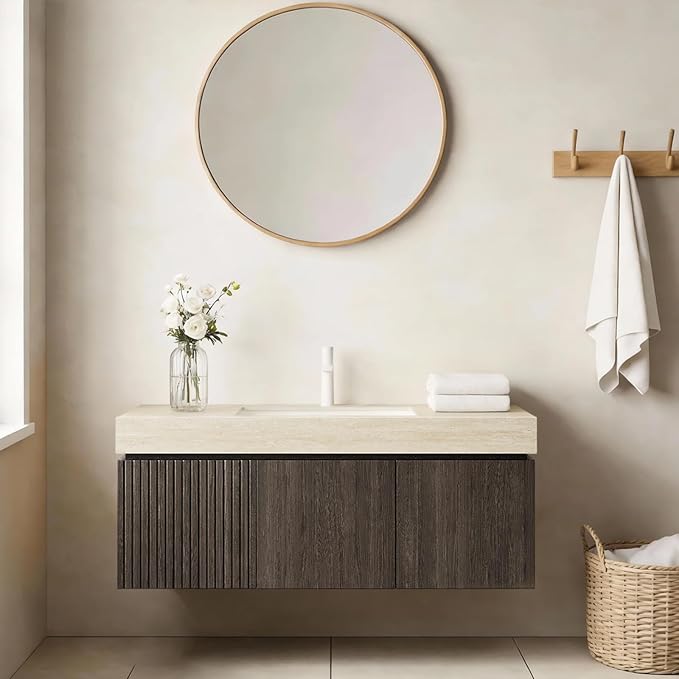 Ambrovina 48 inch Floating Bathroom Vanity with Sink, Wall Mounted Storage Vanities with Drawer and 2 Doors, Roma Travertine-Pattern Countertop and Ceramic Basin, Pre-Assembled, Espresso Woodgrain