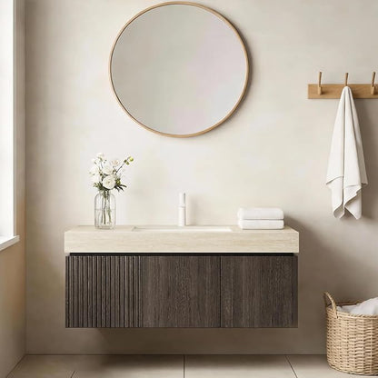 Ambrovina 48 inch Floating Bathroom Vanity with Sink, Wall Mounted Storage Vanities with Drawer and 2 Doors, Roma Travertine-Pattern Countertop and Ceramic Basin, Pre-Assembled, Espresso Woodgrain