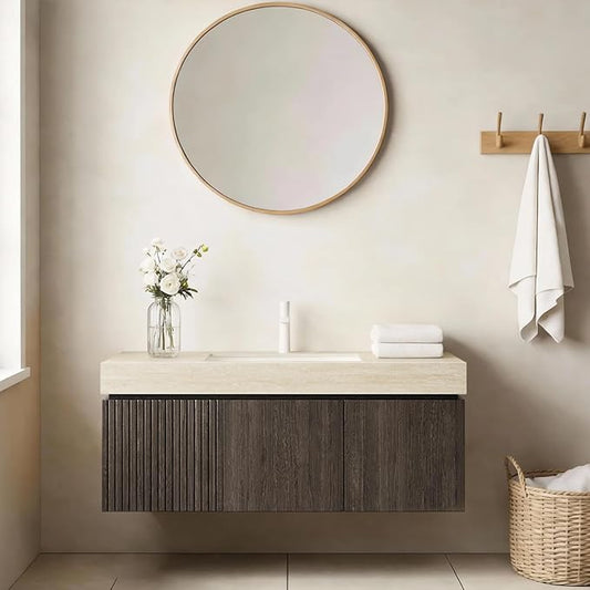 Ambrovina 48 inch Floating Bathroom Vanity with Sink, Wall Mounted Storage Vanities with Drawer and 2 Doors, Roma Travertine-Pattern Countertop and Ceramic Basin, Pre-Assembled, Espresso Woodgrain