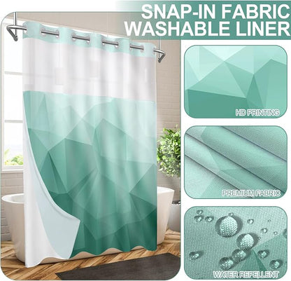 No Hook Shower Curtain with Snap in Liner Set, Teal, 71x74 | Waterproof Fabric for Bathroom, Modern Hotel Style Ombre Design, Mesh Top Window, Machine Washable, Quick Install