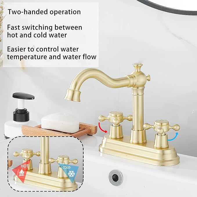 Bathroom Faucet Brushed Gold GGStudy 2 Handles 4 Inches Centerset Bathroom Vanity with Drain Assembly and Supply Hose Lavatory Mixer Double Handle Tap