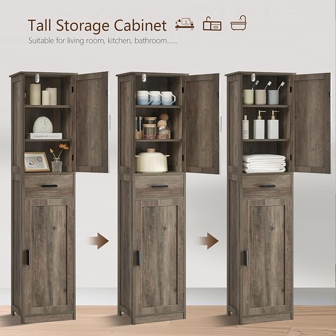 usikey 67'' Tall Storage Cabinet, Narrow Bathroom Floor Storage Cabinet with 4 Shelves & 2 Doors, for Bathroom, Living Room, Rustic Gray