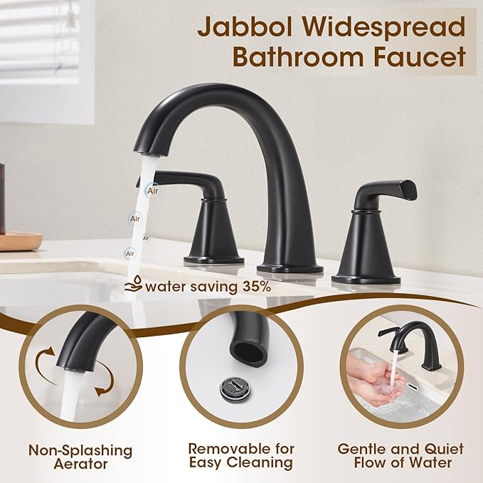 Widespread Bathroom Faucet 3 Hole, Matte Black Bathroom Sink Faucet, 2 Handle Brass Bathroom Faucets for Vanity Faucet with Pop Up Drain and 2 Supply Lines
