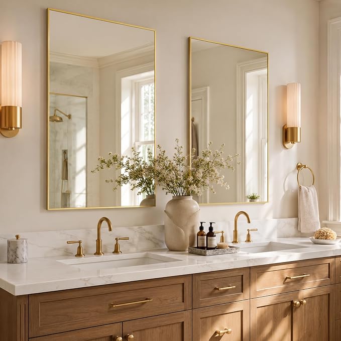 36"x24" Brushed Gold Framed Rectangle Bathroom Vanity Wall Mirror | Over-Sink Vanity Mirror, Slim Metal Frame, Entryway or Dresser Use, Vertical/Horizontal Mount, Tempered Glass