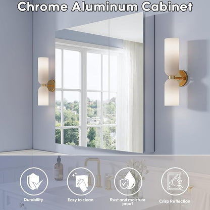 36" x 36 Bathroom Medicine Cabinet with Mirror, Anodized Chrome Aluminum Frame, Surface Mount or Recessed Medicine Cabinet with Mirror, Bathroom Mirror with Storage, Double Doors