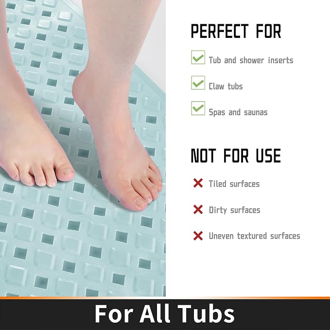 Yimobra Non Slip Bath Mat, Super Strong Suction Cups,34.5"X15.5"Long Tub Mat with Drain Holes, Machine Washable Fast Draining Shower Mats, Bathroom Essentials,Mint Green
