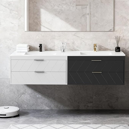 36 Inch Bathroom Vanity with Sink, Modern Floating Bathroom Vanity with Resin Sink, 2 Large Storage Darwers, Wood Grain Texture Wall Mounted Vanity, Metal Handles, White