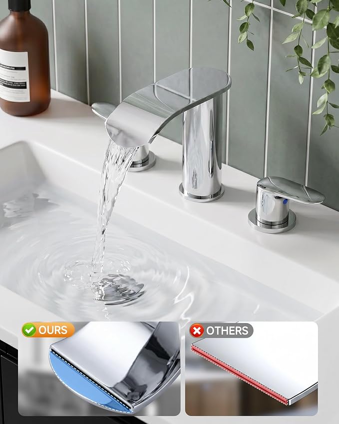 WOWOW Bathroom Faucets 3 Hole: Chrome 8 Inch Widespread Bathroom Sink Faucet Waterfall Spout, with Pop Up Drain and Water Supply, Suitable for Vanity Rv Commercial Lavatory Restroom
