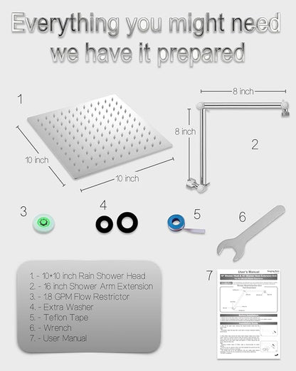 All Metal Rain Shower Head, 10'' High Pressure Rainfall Square Showerhead with 16" Shower Head Extension Arm, Stainless Steel Adjustable Shower Arm Extender, Waterfall fixed Showerheads, Chrome