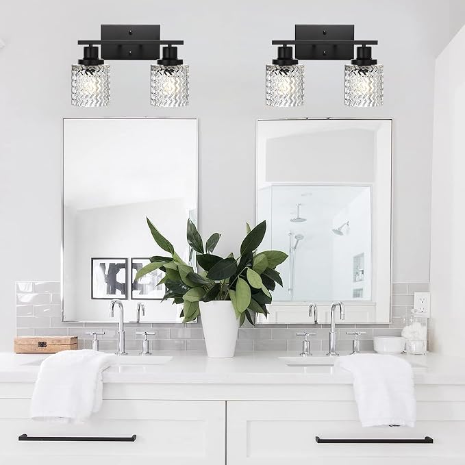 MELUCEE 2-Light Wall Sconce Lighting with Hammered Glass Shade | Industrial Black Bathroom Lights Over Mirror, Modern Vanity Lighting Fixtures for Porch Entryway Stair