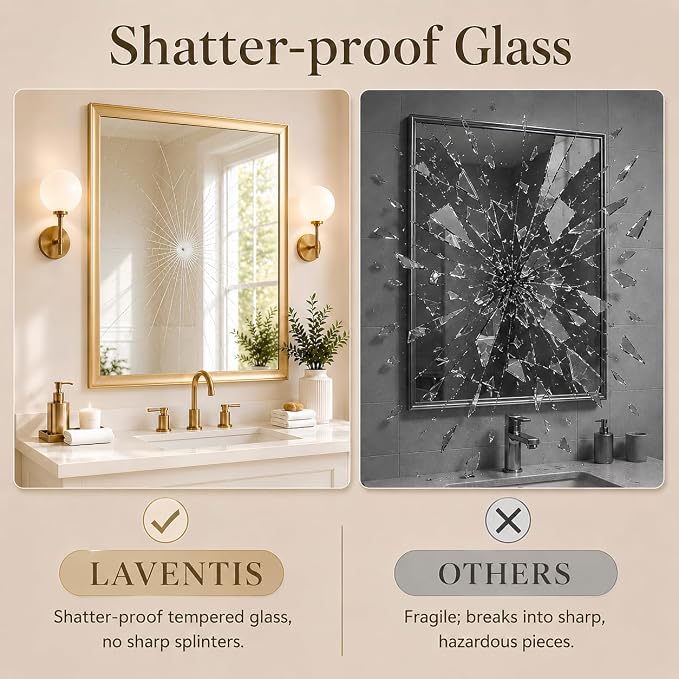 Brushed Gold Bathroom Mirrors for Over Sink 30x40 Inch | Curved Aluminum Frame Rectangle Vanity Mirror for Bedroom Living Room Entryway, HD Tempered Glass, Anti-Rust