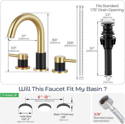 Bathroom Faucet 3 Hole, Brushed Gold and Black Bathroom Sink Faucet with Pop Up Drain, 8 inch Widespread Bathroom Faucet with 360° Swivel Spout, 2 Handle Vanity Faucet with Water Supply Hoses