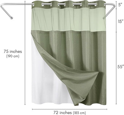 Americanflat 72x75 Hookless Waffle Pattern Shower Curtain - Water-Resistant Long Shower Curtain with Sheer Panel, Snap-in Liner, and Durable Grommets - 100% Polyester - Green