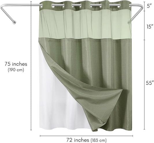 Americanflat 72x75 Hookless Waffle Pattern Shower Curtain - Water-Resistant Long Shower Curtain with Sheer Panel, Snap-in Liner, and Durable Grommets - 100% Polyester - Green