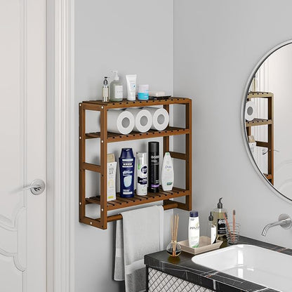 Galood Over The Toilet Storage Bathroom Shelves Wall Mounted 3 Tier Brown-L | Space Saver Corner Shelf Organizer Bamboo Towel Rack Toilet Paper Cabinet with Hanging Rod