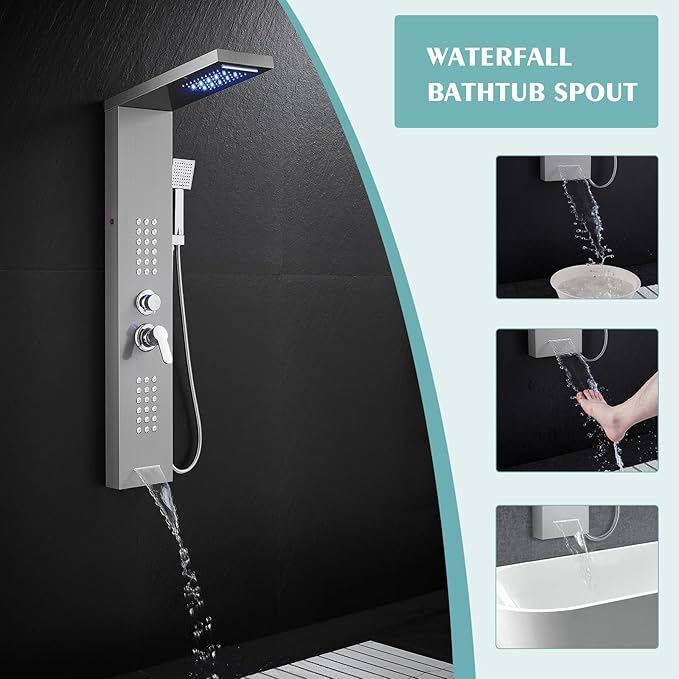 LED Shower Panel Tower System with Rainfall Waterfall Shower Head, 5-in-1 Shower Tower with Powerful Body Jets, Handheld and Tub Spout, Shower Column Stainless Steel, Brushed Finish