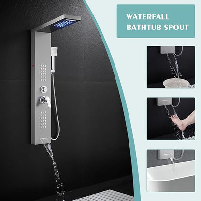 LED Shower Panel Tower System with Rainfall Waterfall Shower Head, 5-in-1 Shower Tower with Powerful Body Jets, Handheld and Tub Spout, Shower Column Stainless Steel, Brushed Finish