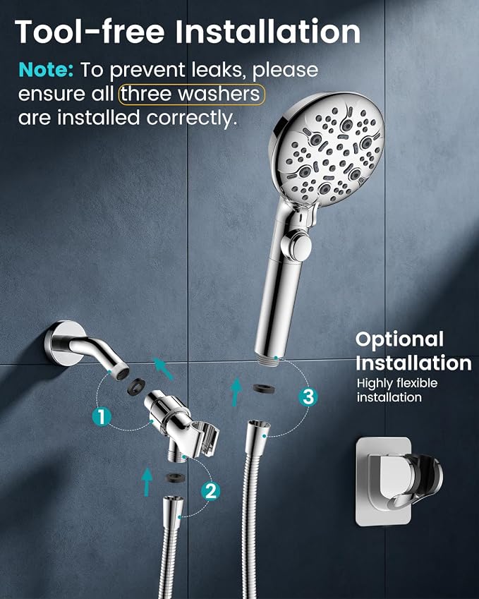 Shower Head with Handhled High Pressure Hand held Showerhead | 9 Modes, ON/OFF Switch Shower Heads with 71" Long Hose Built-in Power Wash, Bracket, Adhesive Shower Holder for Lower Mount