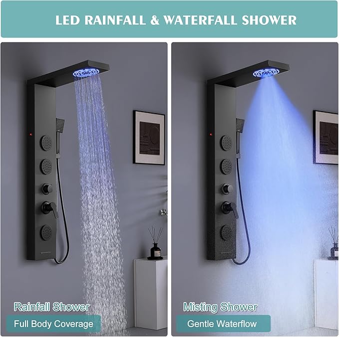 Matte Black Shower Panel for Bathroom - 5 In 1 Full Body Shower Tower With Led, Rainfall Shower Head With Powerful Body Jets, Handheld Shower And Tub Spout