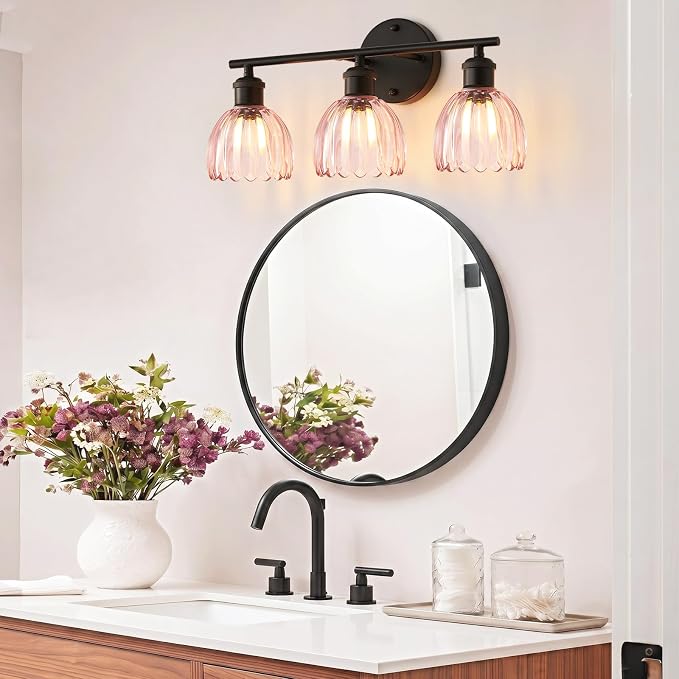 Bathroom Light Fixtures, 3-Light Brushed Black Vanity Lights for Bathroom with Pink Tulip Glass Shade, 20" Vintage Bathroom Vanity Lighting Fixtures Over Mirror for Bedroom Living Room Hallway