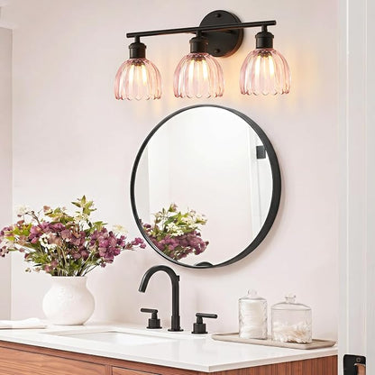 Bathroom Light Fixtures, 3-Light Brushed Black Vanity Lights for Bathroom with Pink Tulip Glass Shade, 20" Vintage Bathroom Vanity Lighting Fixtures Over Mirror for Bedroom Living Room Hallway