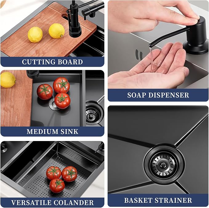 Black Kitchen Sink 30 Inch Gunmetal Black Drop In Kitchen Sink with Faucet Combo Modern Workstation Stainless Steel Sink Top Mount Single Bowl Farmhouse Kitchen Sinks