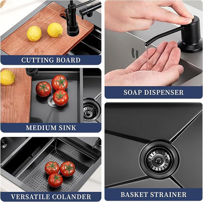 Black Kitchen Sink 30 Inch Gunmetal Black Drop In Kitchen Sink with Faucet Combo Modern Workstation Stainless Steel Sink Top Mount Single Bowl Farmhouse Kitchen Sinks