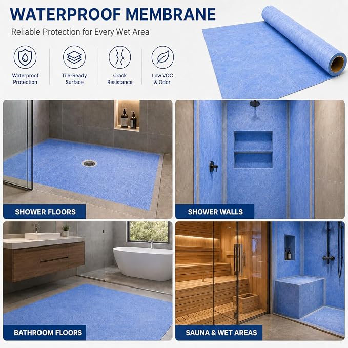 Shower Waterproofing Membrane Roll, 3.3x33 FT, 108 Sq Ft, 23.6 Mil | Blue HDPE membrane for tile shower walls, floors, bathrooms and saunas; bonds with thin-set mortar for reliable installation
