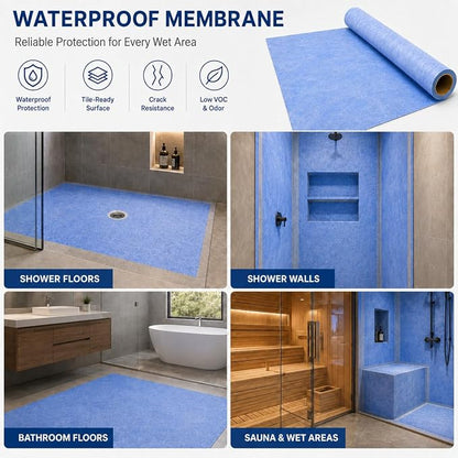 Shower Waterproofing Membrane Roll, 3.3x33 FT, 108 Sq Ft, 23.6 Mil | Blue HDPE membrane for tile shower walls, floors, bathrooms and saunas; bonds with thin-set mortar for reliable installation