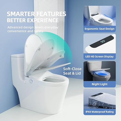 Electric Bidet Toilet Seat Round - Smart Heated Toilet Seat with Remote Control, Instant Warm Water, Self-Cleaning Nozzle, Warm Air Dryer, Feminine Wash, Soft Close, LED Display