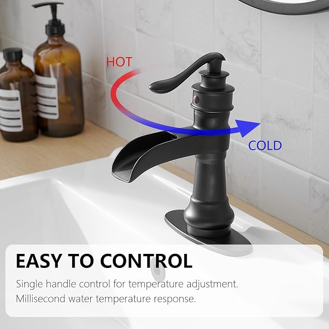 Matte Black Bathroom Faucet Waterfall Single Hole Bathroom Sink Faucet | Brass Single Handle Farmhouse RV Lavatory Vanity Faucet with Overflow Pop Up Drain by BATHLAVISH