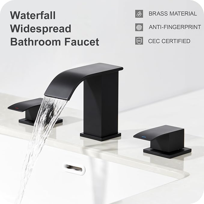 8 Inch Waterfall Bathroom Faucets - 3 Hole Widespread Bathroom Faucet with Pop-up Drain, Bathroom Sink Faucet, Modern Vanity Sink faucets with Supply Lines, Matte Black, JJL-3JT-PB-B-DXS-X