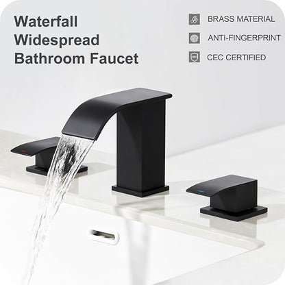 8 Inch Waterfall Bathroom Faucets - 3 Hole Widespread Bathroom Faucet with Pop-up Drain, Bathroom Sink Faucet, Modern Vanity Sink faucets with Supply Lines, Matte Black, JJL-3JT-PB-B-DXS-X