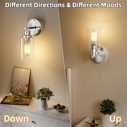 GORDNWE Modern Bathroom Wall Sconce, Brushed Nickel Vanity Light Fixture | E26 Bulb Base, Clear Glass Shade, Wall Light Fixture for Mirror, Bedroom, Hallway