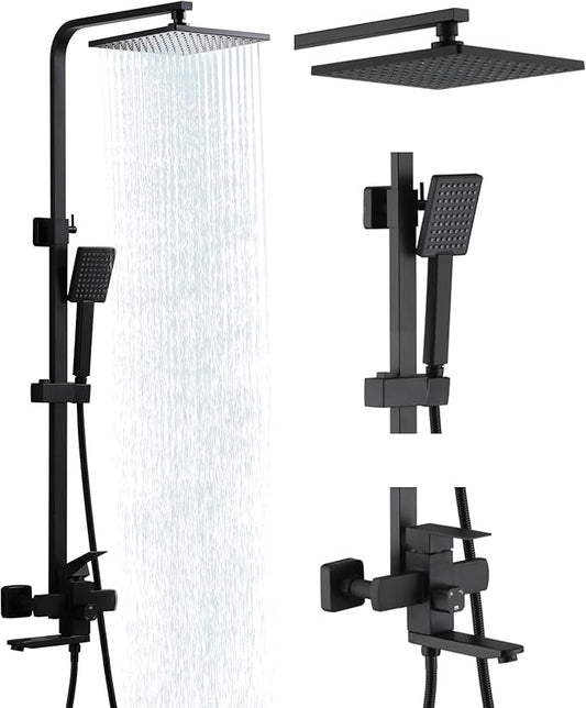 Taplong Matte Black Outdoor Shower Fixture Exposed Bathroom Shower Faucet Set,Shower System with 9" Rain Shower Head Handheld Sprayer Single Handle, SUS304 Triple Function Wall-Mounted Faucet