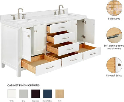 ARIEL Cambridge 66-inch Bathroom Vanity with Sink,Solid Wood, 1.5-inch Carrara White Quartz Countertop, Double Rectangular Porcelain Sink, 4 Soft Closing Doors, 6 Dovetail Drawers, White