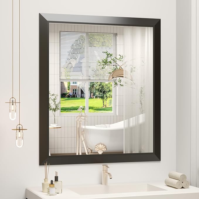 SMIROR 28x32 Matte Black Bathroom Vanity Mirror for Over Sink | Metal Wide Frame, Rectangle, Right- Angle Corner, Anti-Rust, Horizontally or Vertically Wall- Mounted for Home Remodel